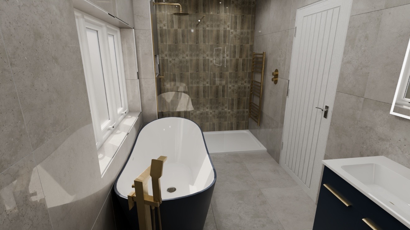 Freestanding bath with feature tile shower